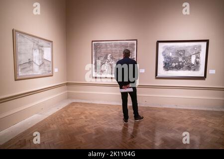 Londra Regno Unito. 21 settembre 2022. La più grande mostra presso la Royal Academy of Arts dell'artista sudafricano William Kentridge nato a Johannesburg nel 1955, che copre 40 anni della sua carriera, che comprende suite di incisioni e linocuts e grandi disegni a carbone e cortometraggi. La mostra si svolge dal 24 settembre -11 dicembre.Credit: amer Ghazzal/Alamy Live News. Foto Stock