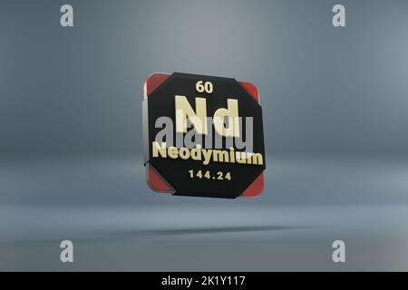 Belle illustrazioni astratte in piedi nero e rosso elemento neodimio della tavola periodica. Design moderno con elementi dorati, rendering 3D ill Foto Stock