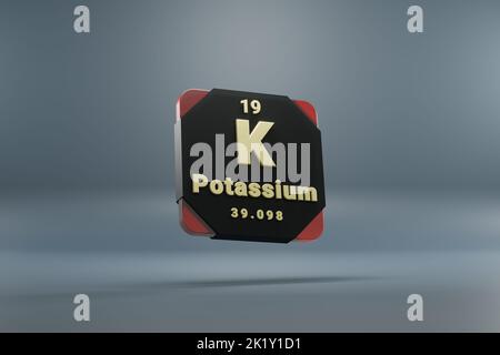 Belle illustrazioni astratte in piedi elemento di potassio nero e rosso della tavola periodica. Design moderno con elementi dorati, rendering 3D ill Foto Stock