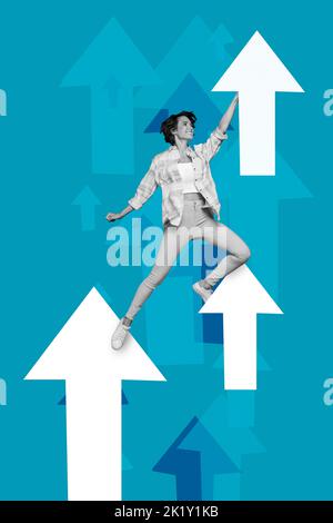 Creative 3D collage grafica poster cartolina schizzo della persona laboriosa donna che si muove avanti grande freccia isolato su sfondo disegno Foto Stock