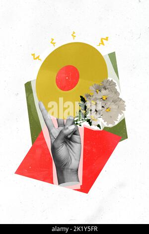 Collage verticale illustrazione delle dita del braccio umano nero bianco colori mostrano segno V tenere dipinto vinile record fiori Foto Stock