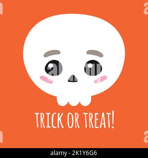 Vettore piatto mano disegnato Halloween carino cranio e trucco o trattare lettere isolato su sfondo arancione Illustrazione Vettoriale