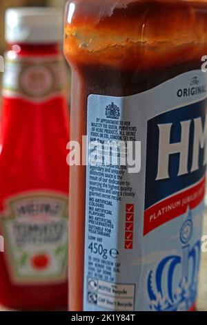 Royal warrants, nomina reale su HP Sauce, dalla famiglia reale britannica Foto Stock