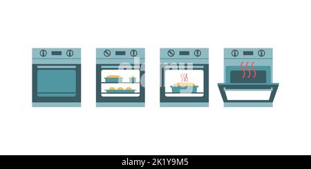 Icone del forno su sfondo bianco: Forno chiuso, cottura e apertura Illustrazione Vettoriale