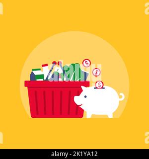Risparmia denaro sui generi alimentari: Carrello pieno e monete che cadono in una banca piggy Illustrazione Vettoriale