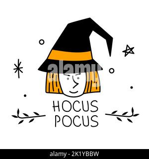 Strega di CARATTERE DI HALLOWEEN con frase POCUS DI HOCUS. Illustrazione vettoriale Spooky Season avatar creepy il 31 ottobre. Illustrazione Vettoriale