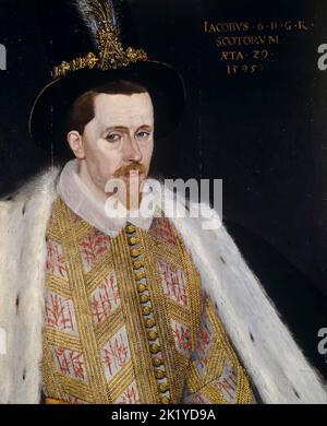 Giacomo VI e i (1566-1625), Re di Scozia (1567-1625), Re d'Inghilterra e d'Irlanda (1603-1625), dipinto a olio su tavola attribuito ad Adrian Vanson, 1595 Foto Stock
