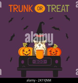 Halloween Spoky Trunk o Treat Cute vettore poster. Camion di Halloween con cane in cappello di strega, secchio di caramelle, zucca, bat pauroso personaggi cartone animato design Illustrazione Vettoriale