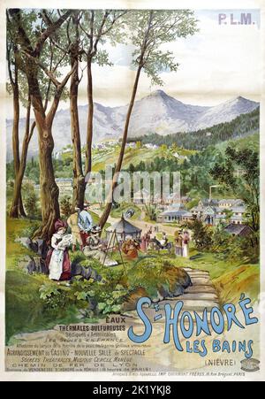 Tanconville - poster di viaggio di antiquariato Tanconville - PLM. St Honoré les Bains (Nièvre). Eaux thermales sulfureuses, sodiques et arsenicales. Les seules en France. Chemins de fer de Lyon. Foto Stock