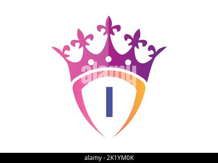Lettera i alfabeto monogramma con Shield e Crown Logo Template. Illustrazione Vettoriale