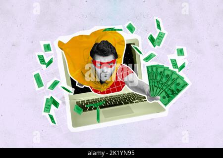 Foto creativa 3D collage poster cartolina grafica di divertente funky uomo fly netbook visualizzare tenere banconota isolato su sfondo pittura Foto Stock
