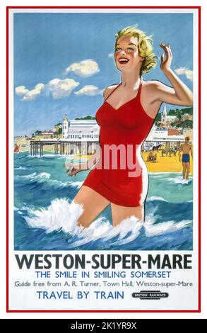 Poster di viaggio vintage 1950s prodotto da British Railways (BR) per promuovere i servizi ferroviari per Weston-super-Mare nel Somerset nel Regno Unito. 'The Smile in Smiling Somerset' viaggio in treno Foto Stock
