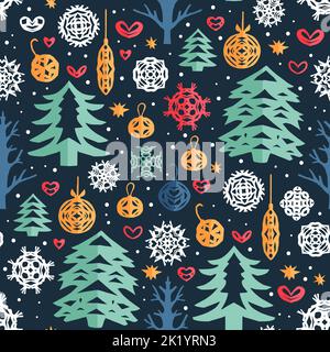 Carta taglio Natale inverno senza cuciture modello vettoriale, vacanze abete albero decorazioni sfondo colorato Illustrazione Vettoriale