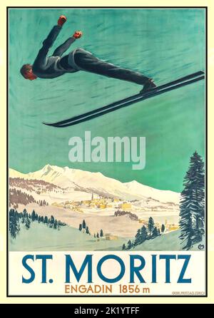 ST. MORITZ SKI JUMP VINTAGE 1900s sport invernali ski jump Poster di Carl Moos (1878-1959) litografia di St Moritz, Engadina Valley a 1856M Svizzera Foto Stock