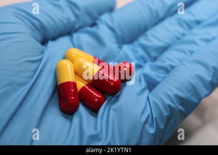 Capsule giallo-rosse con primo piano medicinale in mano di un medico in un guanto medico blu. Foto Stock