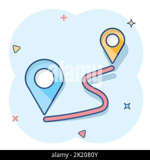 Distanza icona pin in stile fumetto. La navigazione gps vettore illustrazione cartoon bianco su sfondo isolato. Comunicazione business viaggi concetto splas Illustrazione Vettoriale