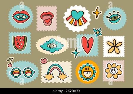 Groovy sticker set francobollo, cuore nuvola occhio, fiore retrò hippie 70s disco cartoon illustrazione vettoriale collezione di elementi Illustrazione Vettoriale