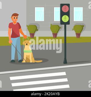 Illustrazione vettoriale di un cieco con cane guida Illustrazione Vettoriale