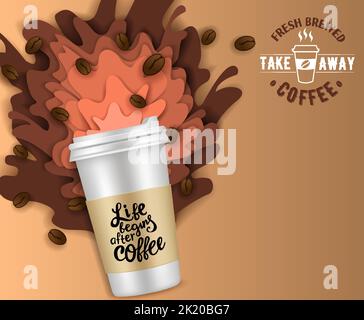 Modello poster del caffè da asporto tagliato in carta vettoriale Illustrazione Vettoriale
