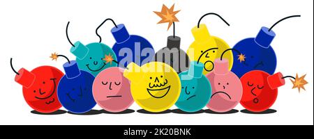 Set di personaggi bomba. Mascotte d'arma rotonda con emozioni e volti divertenti. Collezione Explosive Emotion con fetel e Eyes. Isolato su sfondo bianco Illustrazione Vettoriale