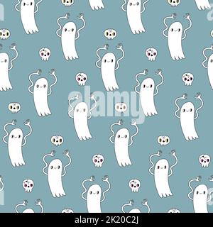Motivo colorato senza cuciture con fantasmi e teschi grovosi su sfondo blu. Tessuto psichedelico vintage, fasciatura e carta da parati. Illustrazione Vettoriale