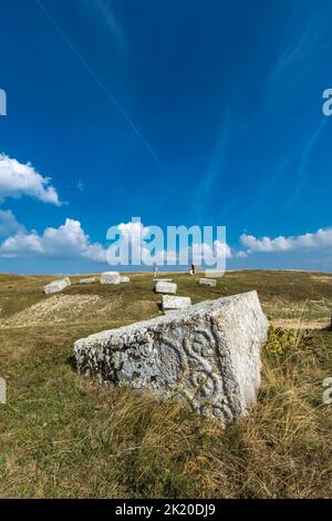 Vista sulle lapidi medievali in Morine, vicino a Pluzine in Bosnia-Erzegovina Foto Stock