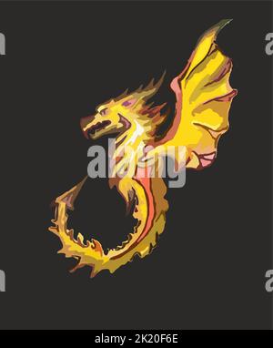 Simbolo giallo drago su nero per emblemi sportivi o schermati. Flying Blazing Dragon per tessuti o stampe, tatuaggi, carta da parati e prodotti in tessuto Foto Stock