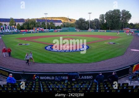 Regensburg, Baviera, Germania. 21st Set, 2022. La Spagna e la Repubblica Ceca si preparano per il qualificatore World Baseball Classic nella Armin Wolf Baseball Arena di Ratisbona, Germania. (Credit Image: © Kai Dambach/ZUMA Press Wire) Foto Stock