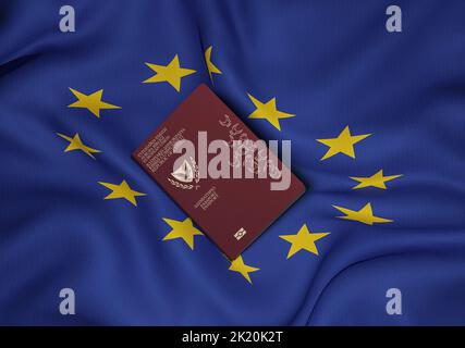 Passaporto cipriota con bandiera dell'Unione europea in background, i passaporti ciprioti sono rilasciati ai cittadini ciprioti per i viaggi internazionali Foto Stock