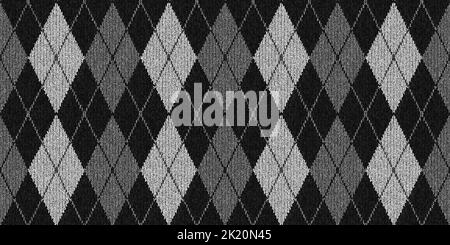 Tessuto di fondo in maglia di lana argyle con diamanti senza cuciture. Pullover, sciarpa o calzini invernali in tessuto bianco e nero a maglia in scala di grigi Foto Stock