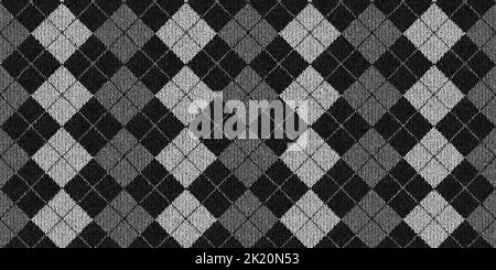 Tessuto di fondo in maglia di lana argyle con diamanti senza cuciture. Pullover, sciarpa o calzini invernali in tessuto bianco e nero a maglia in scala di grigi Foto Stock