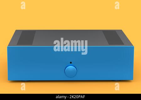 Sistema Hi-Fi con giradischi e amplificatore per home theater su sfondo giallo. Foto Stock