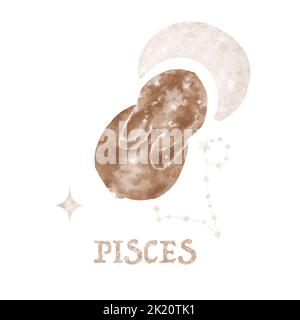 Illustrazione magica del coniglietto disegnata a mano, luna e stelle. Coniglietto acquerello carino. Costellazione dei Pesci dello Zodiaco Foto Stock