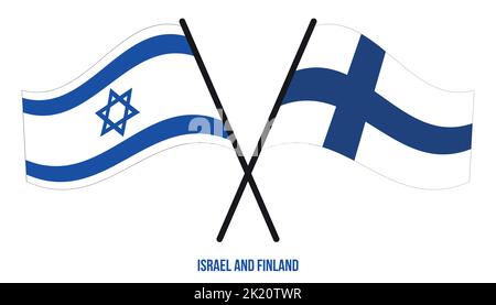 Bandiere di Israele e di Finlandia incrociate e ondeggianti stile piatto. Proporzione ufficiale. Colori corretti. Illustrazione Vettoriale