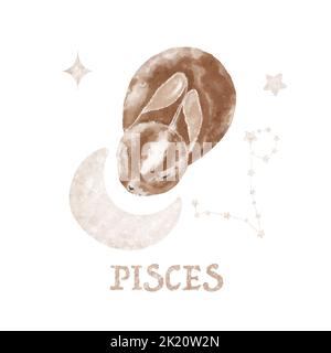 Illustrazione magica del coniglietto disegnata a mano, luna e stelle. Coniglietto acquerello carino. Costellazione zodiacale Pesci Foto Stock