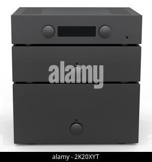 Sistema Hi-Fi con giradischi e amplificatore per home theater su sfondo bianco. Foto Stock