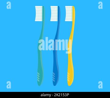 Molti spazzolini colorati logo design. Cura dei denti, set di spazzolini da denti su sfondo a colori disegno vettoriale ed illustrazione. Illustrazione Vettoriale