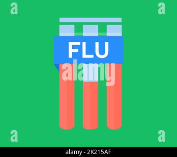 Provetta per il prelievo di sangue con logo con etichetta PER TEST ANTINFLUENZALE. Vaccino ANTINFLUENZALE, disegno e illustrazione del vettore sanitario. Illustrazione Vettoriale