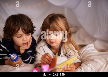 Le storie sono le cose migliori da condividere. Due adorabili fratelli che usano le torce per leggere un libro all'interno del loro forte coperta. Foto Stock