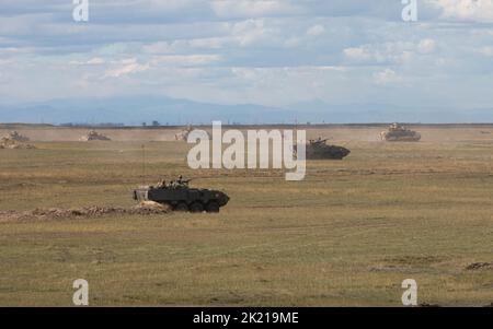 I veicoli da combattimento Bradley assegnati ad Alpha Company, 1st battaglione, 8th reggimento di fanteria, 3rd squadra di combattimento delle Brigate Armorate, 4th divisione di fanteria e Pandur II i veicoli da combattimento assegnati al contingente militare portoghese conducono un'esercitazione multinazionale combinata di armi da fuoco come parte di Justice Eagle 22 il 20 settembre 2022, Presso la zona di addestramento di Smardan, Romania. 1-8in nell'ambito del 101st, V Corps continuerà ad impegnarsi inarrestabile nei confronti dell'Europa e degli alleati della NATO. (STATI UNITI Foto dell'esercito da parte del personale Sgt. Malcolm Cohens-Ashley, 2nd Brigade Combat Team Public Affairs.) Foto Stock