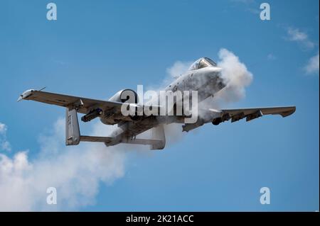 Un A-10 Thunderbolt II assegnato allo Squadron di test e valutazione 422nd conduce una corsa di strafing sul Nevada Test and Training Range, Nevada, 13 settembre 2022. Il Modello A-10 Thunderbolt II offre un'eccellente manovrabilità a basse velocità e altitudini, pur mantenendo una piattaforma di consegna delle armi estremamente precisa. (STATI UNITI Foto dell'Aeronautica militare di William R. Lewis) Foto Stock