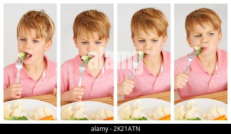 Non mi piacciono i veggies. Un ragazzino molto insoddisfatto di dover mangiare verdure. Foto Stock