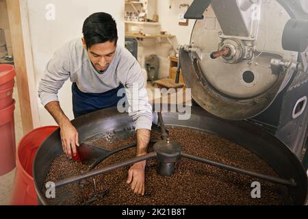 I suoi chicchi vengono preparati alla perfezione, un giovane che macina e torrefa i chicchi di caffè. Foto Stock