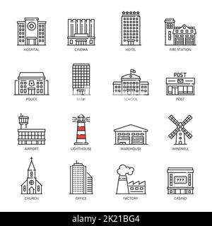Gli edifici della città delineano icone. Uffici comunali o municipali, edifici commerciali urbani delineano icone vettoriali. Ospedale, cinema e hotel, vigili del fuoco, polizia, banca e faro, magazzino, posta Illustrazione Vettoriale