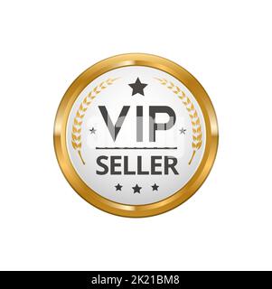 Etichetta o distintivo oro e argento del venditore VIP. Vendita esclusiva stemma o adesivo in metallo lucido, VIP venditore premium garanzia rotondo vettore icona, simbolo o tag. Badge oro o etichetta premium Achievement Award Illustrazione Vettoriale