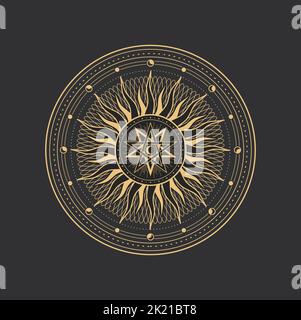 Pentagram, esoterico, magia occulta e simbolo del tarocco, cerchio vettoriale del pentacolo. Alchimia, occultismo e pentagramma rituale witchcraft segno con sole e luna celeste in cerchio di geometria sacra Illustrazione Vettoriale