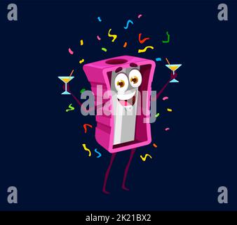 Festa di compleanno celebrazione, cartoon carattere affilatore. Personale di cancelleria della scuola o dell'ufficio del vettore che tiene i vetri del cocktail sotto i cordonetti cadenti. Gioioso strumento di affilatura celebrare la festa Illustrazione Vettoriale