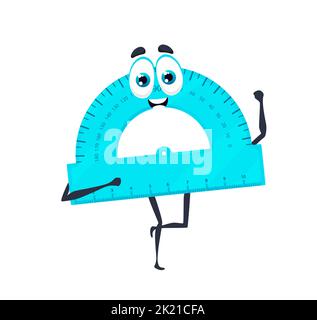 Cartone animato divertente scuola personaggio goniometro. Personaggio del righello vettoriale isolato su sfondo bianco. Scala con il volto sorridente. Strumento di misura per lezioni di matematica e geometria, divertente strumento matematico Illustrazione Vettoriale