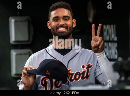 Baltimora, Stati Uniti. 21st Set, 2022. BALTIMORA, MD - SETTEMBRE 21: Il fiorista del centro Detroit Tigers Riley Greene (31) fa vedere la telecamera prima di una partita MLB tra i Baltimore Orioles e i Detroit Tigers, il 21 Settembre 2022, all'Orioles Park a Camden Yards, a Baltimora, Maryland. (Foto di Tony Quinn/SipaUSA) Credit: Sipa USA/Alamy Live News Foto Stock