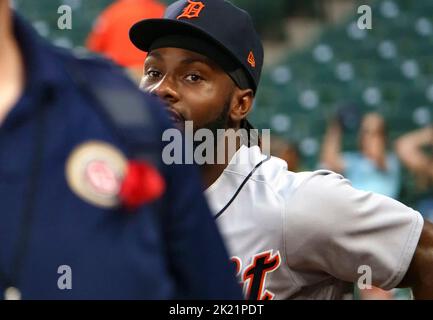 Baltimora, Stati Uniti. 21st Set, 2022. BALTIMORA, MD - SETTEMBRE 21: Detroit Tigers ha lasciato il campo Akil Baddoo (60), che fa vedere la telecamera prima di una partita di MLB tra i Baltimore Orioles e i Detroit Tigers, il 21 Settembre 2022, all'Orioles Park a Camden Yards, a Baltimora, Maryland. (Foto di Tony Quinn/SipaUSA) Credit: Sipa USA/Alamy Live News Foto Stock